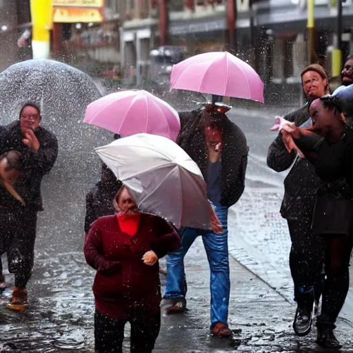 Image similar to people on street get wet of chocolate liquid rain