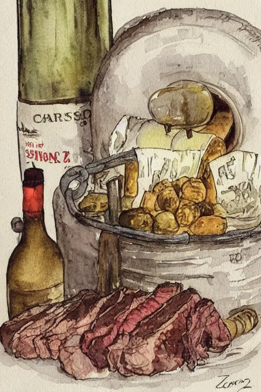 Prompt: pork, meat, schnapps, wine, candle on a barrel in a cellar, watercolor painting by anderz zorn and carl larsson