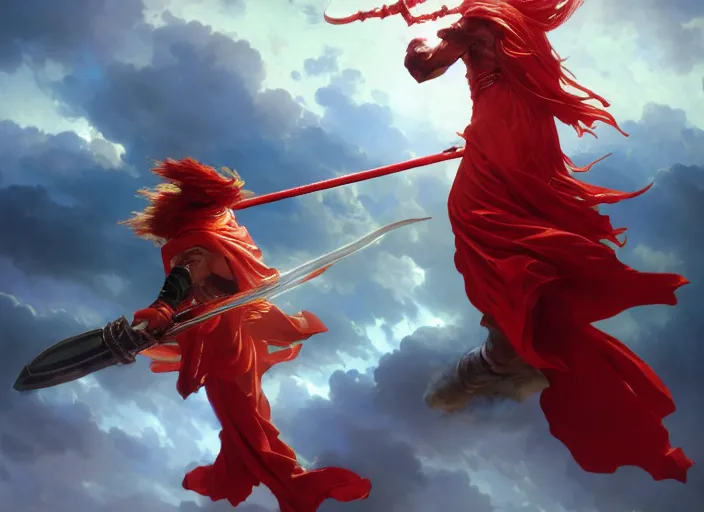Image similar to A boisterous Red Mage wearing striped shining armor holding a staff of power surrounded by an epic cloudscape. The Magus Omega . Red Wizard. Morpheus. masterpiece. 4k digital illustration. by Ruan Jia and Artgerm and Andreas Rocha and William-Adolphe Bouguereau and Edmund Blair Leighton. award winning, Artstation, intricate details, realistic, Hyperdetailed, 8k resolution. Concept Painting. Key Art