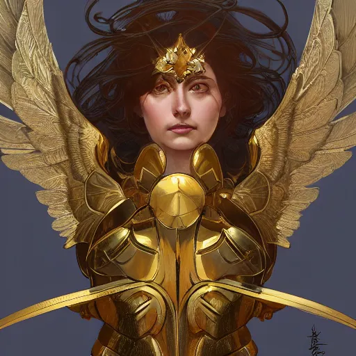 Prompt: Archangel with golden wings, heavy armor, , intricate, headshot, highly detailed, digital painting, artstation, concept art, sharp focus, cinematic lighting, illustration, art by artgerm and greg rutkowski, alphonse mucha, cgsociety