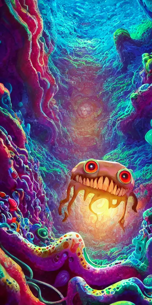 Image similar to of a colorful deep sea cave with strange cute friendly happy creatures with huge eyes, mouth, long tongue and round teeth appearing from sandy coral, in the style of gehry and gaudi, macro lens, shallow depth of field, ultra detailed, digital painting, trending artstation, concept art, illustration, cinematic lighting, photorealism, epic, octane render