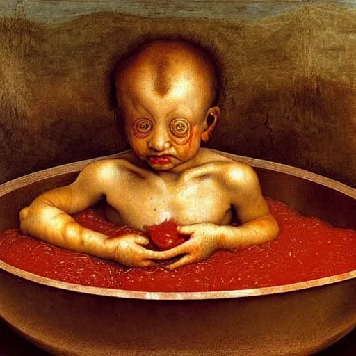 Image similar to a boy sitting in a tub full of tomato sauce, by giuseppe arcimboldo and ambrosius benson, renaissance, highly detailed, a touch of beksinski, fruit, intricate and intense oil paint, realistic