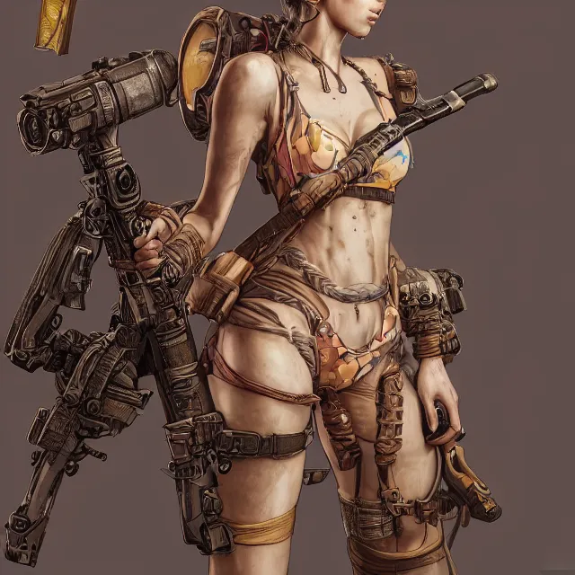 Image similar to the portrait of lawful neutral semi - colorful female infantry gunner as absurdly beautiful, gorgeous, elegant, young swimsuit model, an ultrafine hyperdetailed illustration by kim jung gi, irakli nadar, intricate linework, bright colors, octopath traveler, final fantasy, unreal engine 5 highly rendered, global illumination, radiant light, detailed and intricate environment