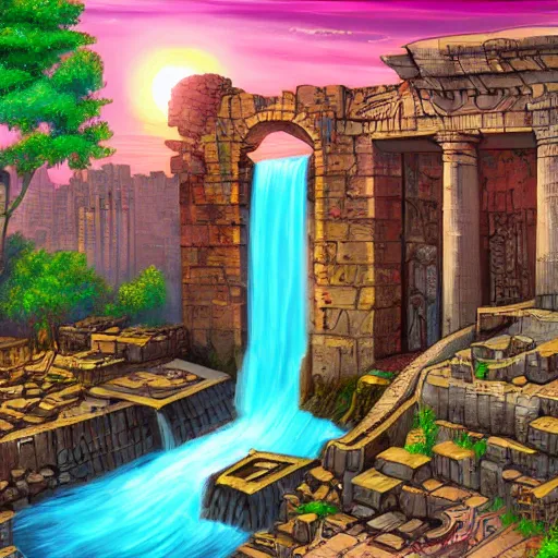 Prompt: ancient ruins and waterfalls, retrowave art, cyberpunk, trending on art station