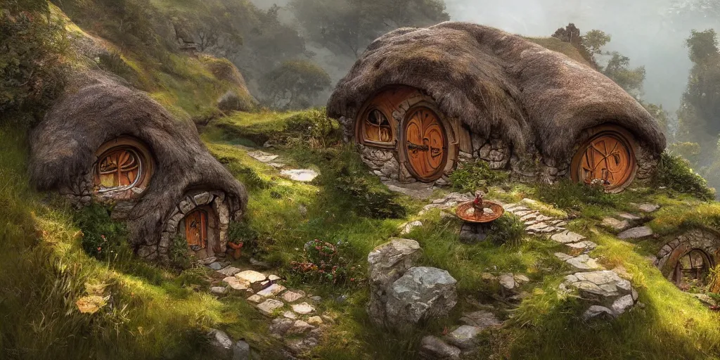 Image similar to a hobbit cottage on top of a steep hill, greg rutkowski, zabrocki, moebius, karlkka, jayison devadas, trending on artstation, 8 k, ultra wide angle, zenith view, pincushion lens effect