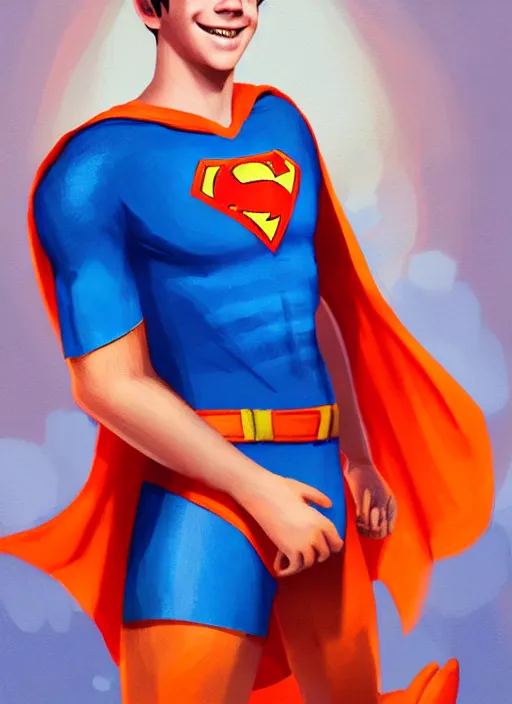 Image similar to friendly teenage archie andrews wearing an orange superhero costume with heart logo, heart, freckles, blue cape, heart emblem on chest, blue cape, intricate, elegant, glowing lights, highly detailed, digital painting, artstation, sharp focus, illustration, art by wlop, mars ravelo and greg rutkowski