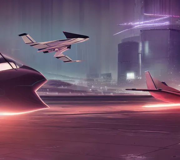 Image similar to futuristic sci fi jet lands at runway of cyberpunk city, night photo ,dark cinematic lighting , digital concept art