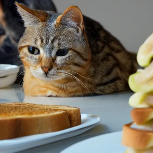 Image similar to noodles on toast cat watching over the food