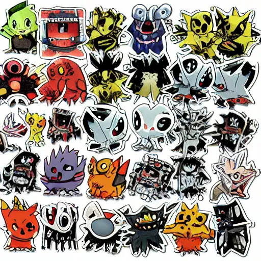 Prompt: horror pokemon manga stickers from the 1 9 9 0 s