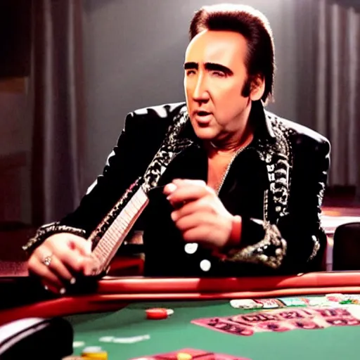 Prompt: nicolas cage as elvis presley playing the guitar over a poker table