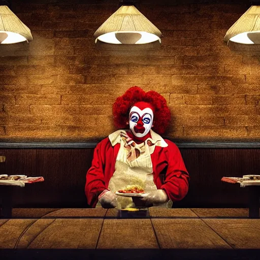 Prompt: Clown sitting in an empty diner at night, digital art, award-winning art, matte painting, horror, scary, eerie, ominous, unnerving, 8k