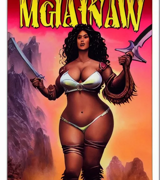 Image similar to 1 9 8 0 s fantasy novel book cover, bbw plus size amazonian iggy azalea in extremely tight bikini armor wielding a cartoonishly large sword, exaggerated body features, dark and smoky background, low quality print