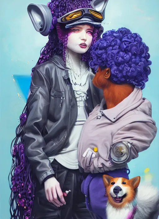 Prompt: beautiful portrait painting of a cute Black lofi cyberpunk princess and her corgi assassin king, by Afarin Sajedi, Alessandro Barbucci, Alex Gross, Shin Jeongho, Shohei Otomo. trending on Artstation, 8k, masterpiece, face enhance, graffiti paint, fine detail, full of color, intricate detail, golden ratio illustration