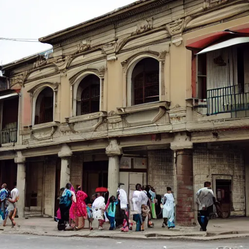 Prompt: ancient city medical clinic building, street, people around.