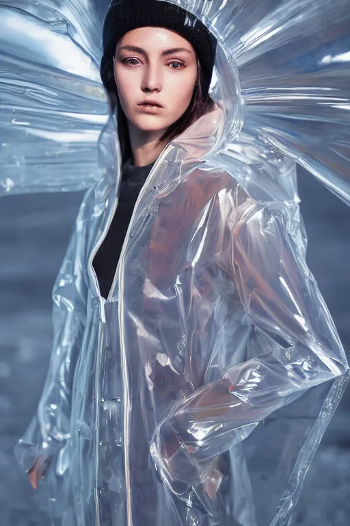 Image similar to an ultra high definition professional high fashion portrait studio full length photograph of a model wearing a transparent pearlescent raincoat and neon visor in an icelandic black rock environment at dawn. no artefacts. extremely detailed. stark. refraction. shallow depth of field. volumetric light and shadow. ray tracing. light rays.