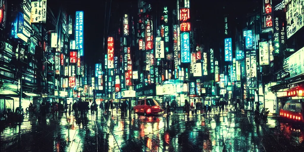 Prompt: underground dystopian city, Neo-Tokyo, at night, rain