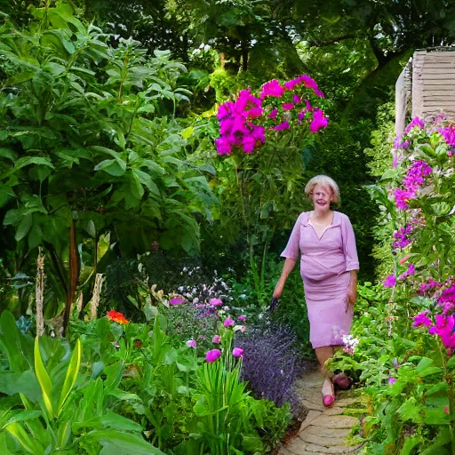 Image similar to a small but beautiful garden filled with medicinal plants that are being looked after by a happy middle aged woman being one with nature, accurate, soft light, high resolution. In the background there is a small but we're she lives