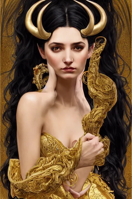 Image similar to fullbody!! of a beautiful woman with long black hair, big natural ram horns on her head, flowing dress, gold jewellery, dnd, face, fantasy, intricate, elegant, highly detailed, digital painting, artstation, concept art, smooth, sharp focus, illustration, art by artgerm and greg rutkowski and alphonse mucha