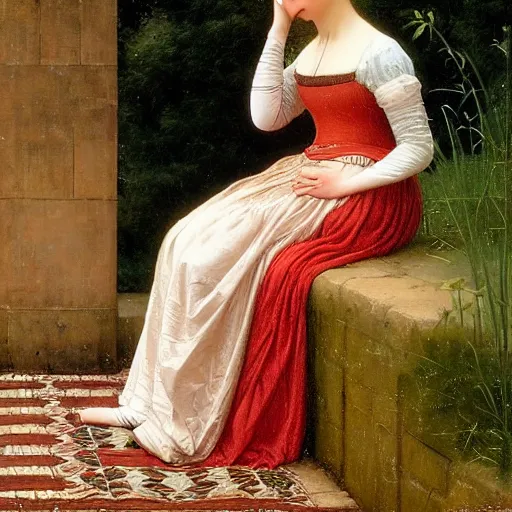 Prompt: “portrait painting by Edmund Blair Leighton of a beautiful young woman in medieval clothes, looking down at her feet with a confused expression, touching her waist with her hand, forest in the background, 4k oil on linen by Edmund Blair Leighton, highly detailed, soft lighting 8k resolution”