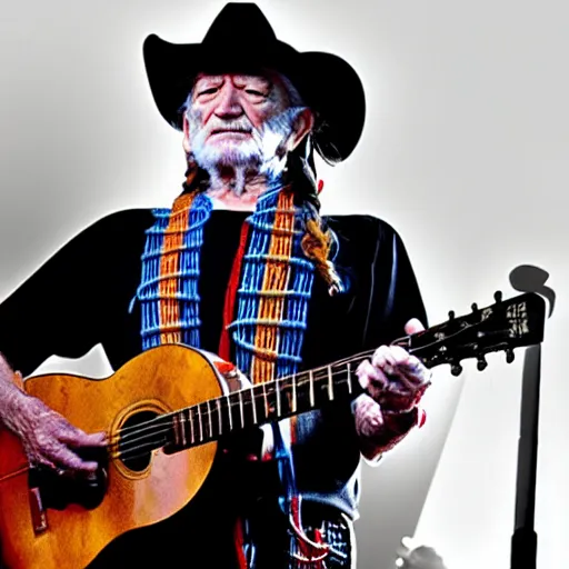 Image similar to willie nelson on stage, guitar. god rays through fog.