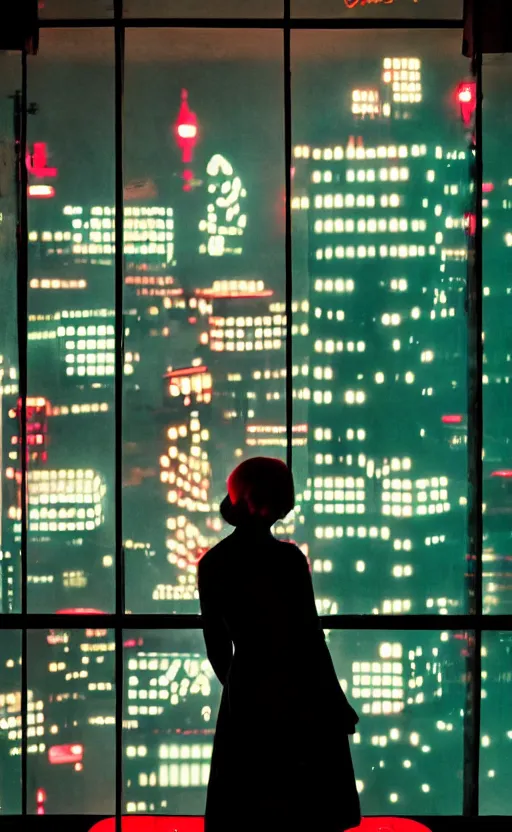 Prompt: vertical movie frame, girl in 5 0's retro restaurant, editorial, fashion, neon - decorated urban on night in the city seen through the window, modern architecture design, vintage, night, blade runner, dark, postapocalyptic, clean lines, asian futuristic city at distance, big windows, octane, wide angle