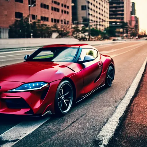 Image similar to still of a toyota supra on the road in New York, action shot, 85mm, night city, anime, cell shaded, in the spotlight