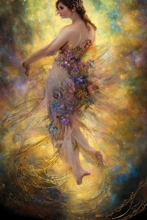Prompt: breathtaking detailed soft painting of a fairy in a nebulae galaxy in a pond with kois with intricate flowers of light, art by kelogsloops, gauze dress draped of fireflies and an art nouveau golden ribbons, rembrandt style, elegant, highly detailed, artstation, concept art, matte, sharp focus,