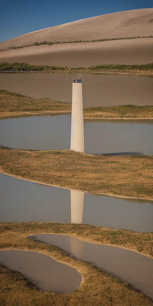 Prompt: Giant tower emerging from a lac by oxo architectes , dunes , 24 mm shot , 8k