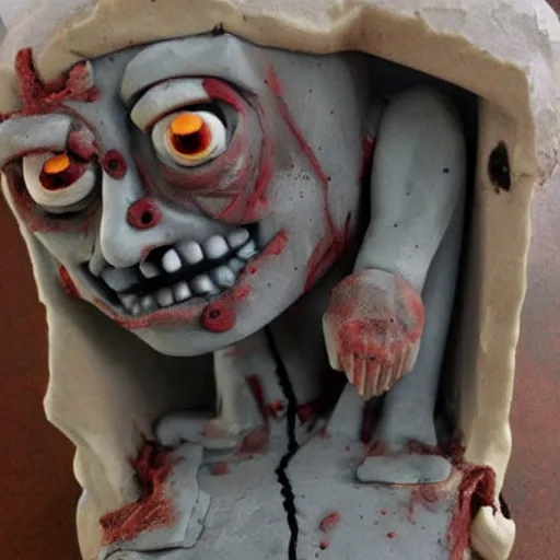 Image similar to thomas the tank engine, zombie, scary, clay sculpture