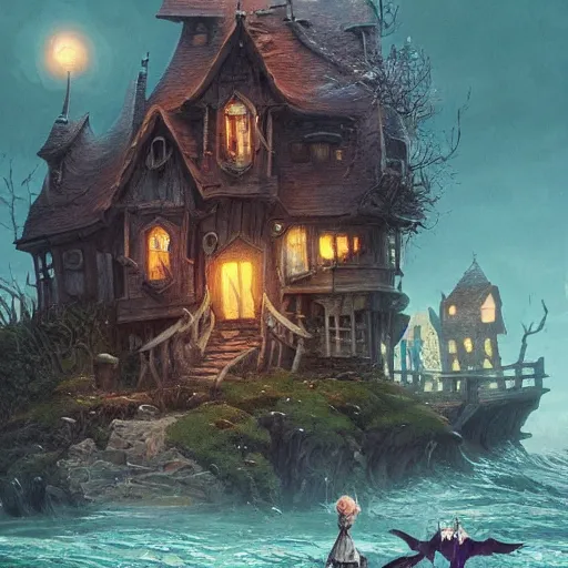 Image similar to a scary witch in front of a witch house which is made out of candy, floating on the ocean, epic scene, fantasy, cinematic, hyper - detailed, in the style of greg rutkowski