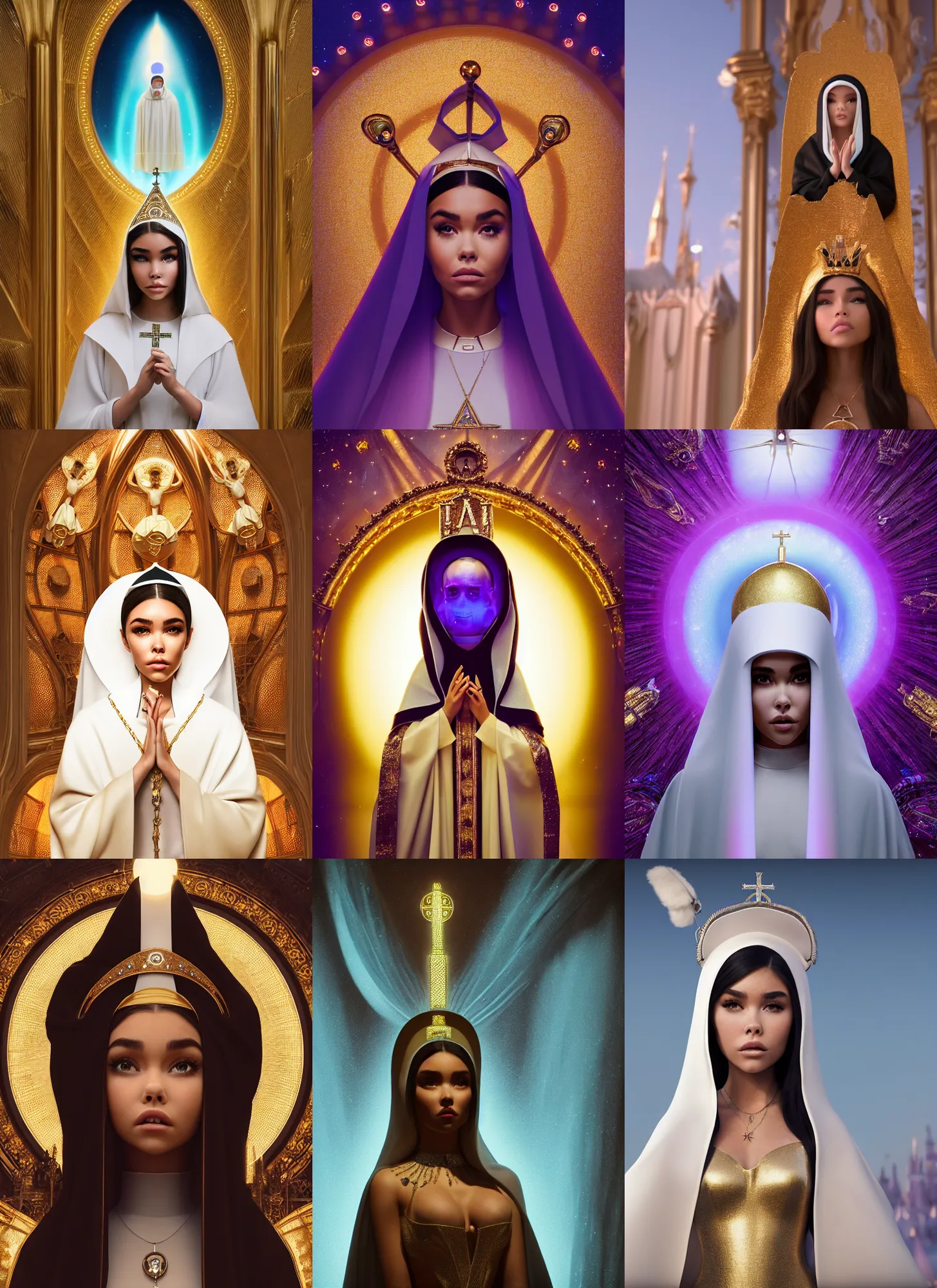 Prompt: madison beer as edm pope woman | jewelry | glamorous oily soft polished rich alluring ornate modern | weta disney pixar movie still photo | hi - fructose, sci fi fantasy, golden ratio, smooth, octane render, sharp focus, artstation, concept art | beeple, rhads, rutkowski, artgerm, mucha, wlop, loish |