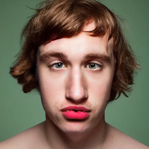 Image similar to portrait of 2 0 year old white man with big pink lips, messy medium length hair