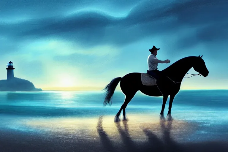 Image similar to photo of man riding a horse along the beach, glowing underwater waves toward a lighthouse in the distance guiding his way, silhouette, wide horizon, large white clouds, night, intricate, elegant, highly detailed, digital painting, artstation, concept art, smooth, sharp focus, illustration, art by artgerm and greg rutkowski and fra angelico