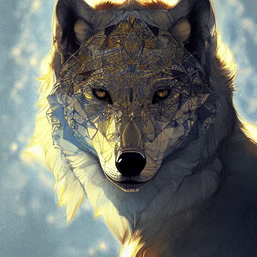 Prompt: Geometric Wolf, intricate, elegant, highly detailed, digital painting, artstation, concept art, smooth, sharp focus, illustration, art by artgerm and greg rutkowski and alphonse mucha