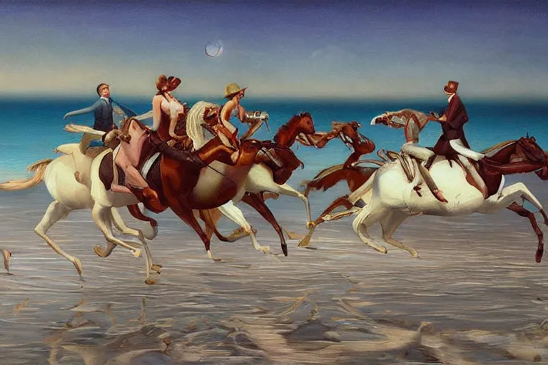 Image similar to dream racers on the salt bay, surrealism, elegant oil painting, highly detailed.