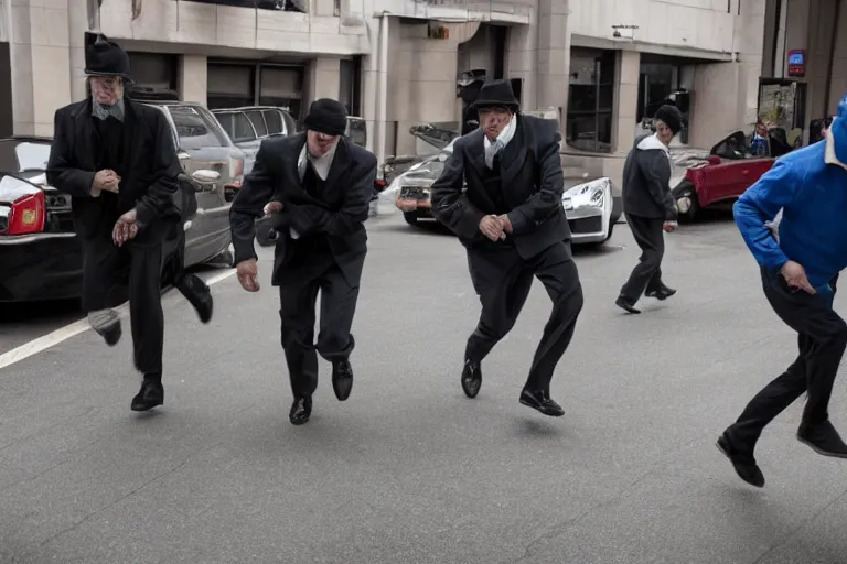 Image similar to dramatic cinematic bank robbers running out of bank wearing trump masks by Emmanuel Lubezki