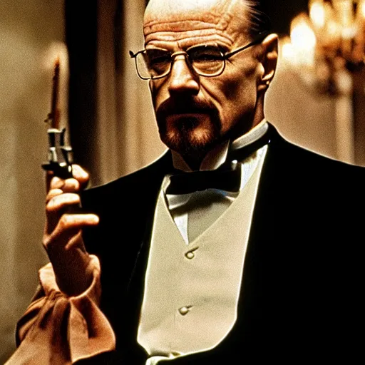 Image similar to Walter White starring as Vito Corleone in the Godfather (1972), Francis Ford Coppola, film, colour, wearing a black suit, earnest gaze, intricate lightning, perfect scene