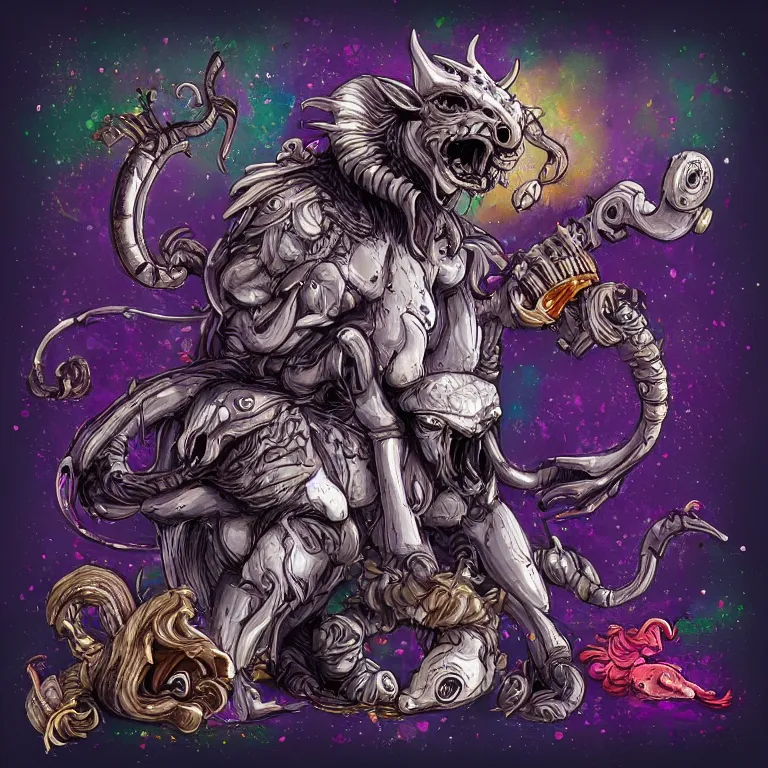 Prompt: rpg avatar design, cute xenomorph, cow head, lion mane, pig nose, sheep horns, splatter paint, desaturated rainbow color palette, symmetrical, golden ratio, rule of thirds, passport