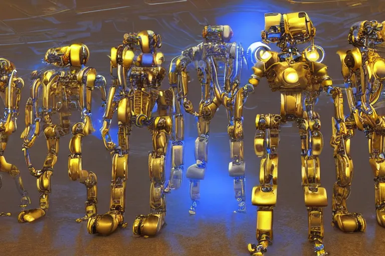 Image similar to a queue of 7 golden and blue metal humanoid steampunk robots wearing and gears and tubes, eyes are glowing red lightbulbs, shiny crisp finish, 3 d render, 8 k, insaneley detailed, fluorescent colors, background is an entrance door to a futuristic nightclub, nightlight