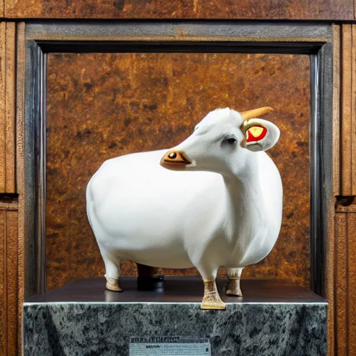 Image similar to a taxidermized smiling goose cow chimera, in a museum, on a pedestal, 8 5 mm lens, 7 0 mm entrance pupil diameter, close - up photograph, high detail, 4 k, soft focus, depth of field