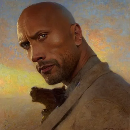 Prompt: Gaston Bussiere painting of Dwayne The Rock Johnson looking up and observing the first rays of sunlight during dawnbreak, dramatic painting, dark, scary, hopeful