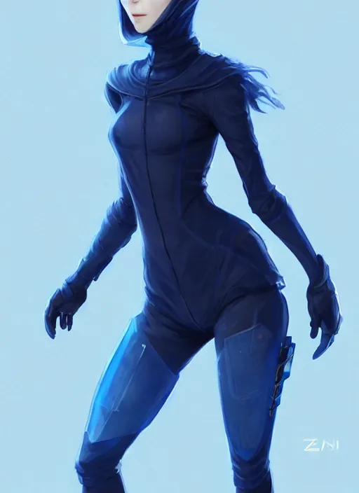 Image similar to full body portrait of blue witch within a techwear. cynical face, concept art, character illustrations, intricate, highly detailed 8 k, smooth, sharp focus, beautiful and aesthetic shape of face and body, artgerm, artstation, art by zexi guo and nira and junpei suzuki and gharliera and rinotuna