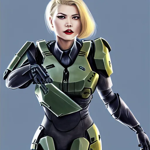 Image similar to A combination of Ada Wong's and Grace Kelly's and Katheryn Winnick's appearances with blonde hair wearing Master Chief's armor from Halo, high tech, action shot, angular, full body portrait, futuristic, dramatic, fantasy, intricate, elegant, highly detailed, digital painting, artstation, concept art, sharp focus, illustration, 8K, art by Donato Giancola and James Gurney