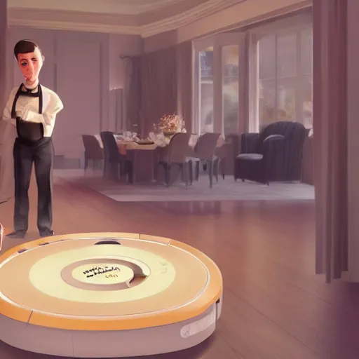 Prompt: A humble roomba butler attempts to serve food to guests at a fancy houseparty, corporate animation style, 4k, trending on Artstation, art by Greg Rutkowski