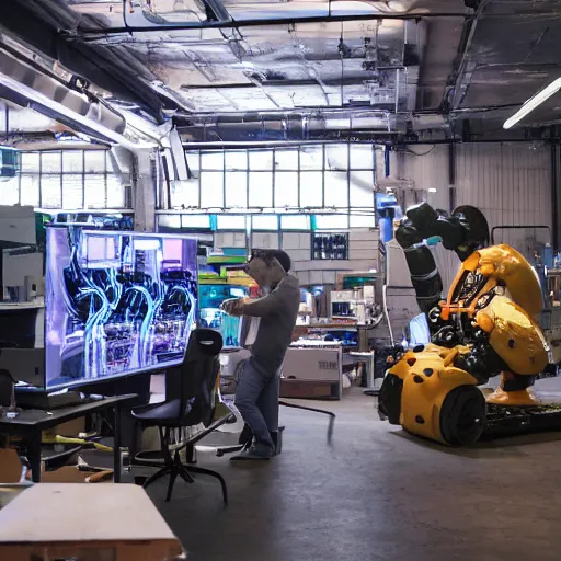 Prompt: people working on an robotic frog in a creepy warehouse. heaps of computer screens and cables everywhere. neon lights.