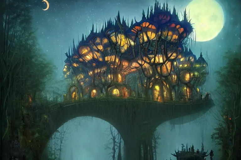 Prompt: mansion from hundertwasser and gaudi in a deep mystical forest with huge bridge, mushrooms and dense exotic vegetation, floating lampoons, tall people walking and discussing, dynamic lighting, art by peter mohrbacher on artstation, dense night sky with moon and stars