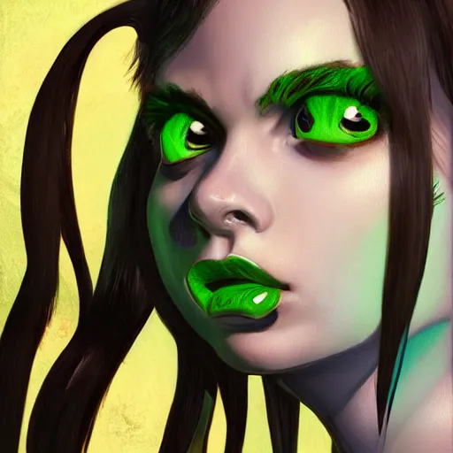 Image similar to artstation young woman with green eyes and pigtails her head in fury, very detailed, , portrait, high contrast