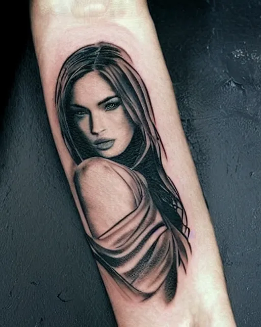 Image similar to creative double exposure effect tattoo design sketch of megan fox faded in beautiful mountain scenery, realism tattoo, in the style of matteo pasqualin, amazing detail, sharp