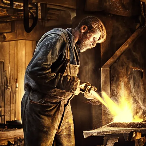 Image similar to A blacksmith working at his anvil in a dark, smoke-filled workshop, digital art, very detailed, no blur, sharp focus, realistic