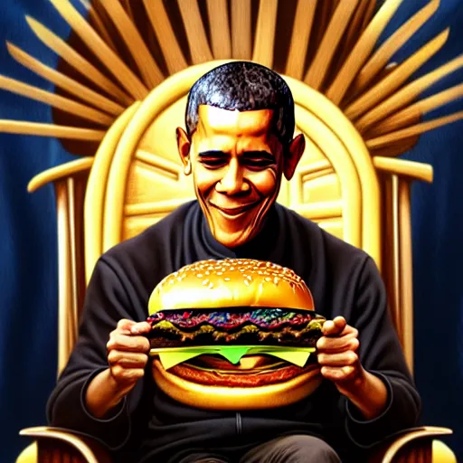 Prompt: intricate oil painting of barrack obama eating a cheese burger sitting on the iron throne, concept art, intricate, highly detailed, 8 k, takeshi obata, alphonse mucha, trending on artstation